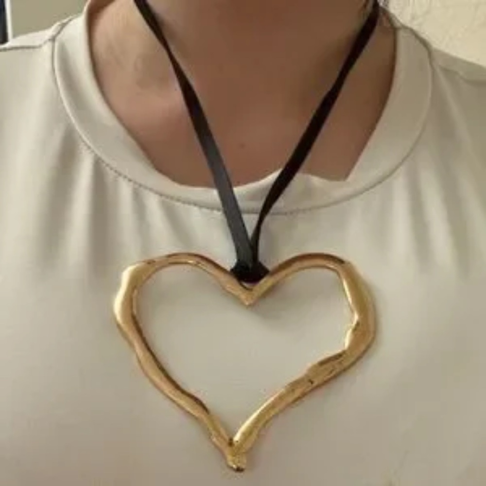 Elegant Large Gold Heart Necklace with Black Cord